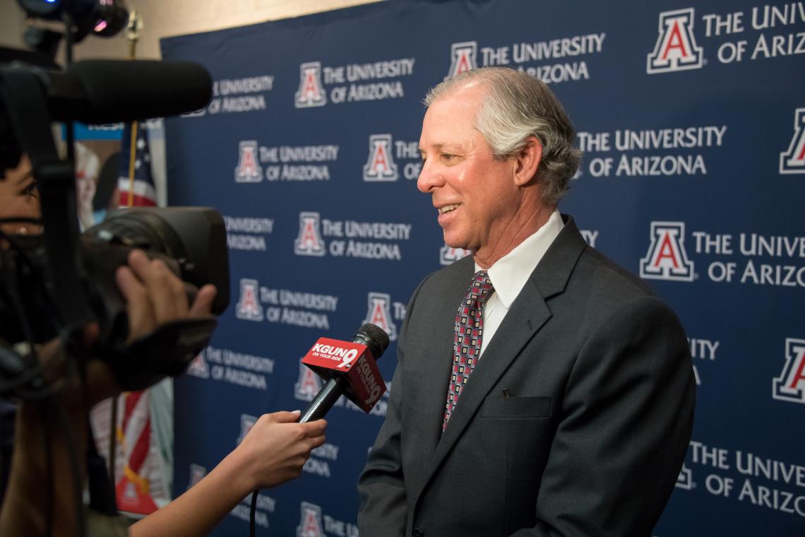 Dr. Robert C. Robbins is interviewed by media after his announcement Tuesday as the lone finalist for the UA presidency. 